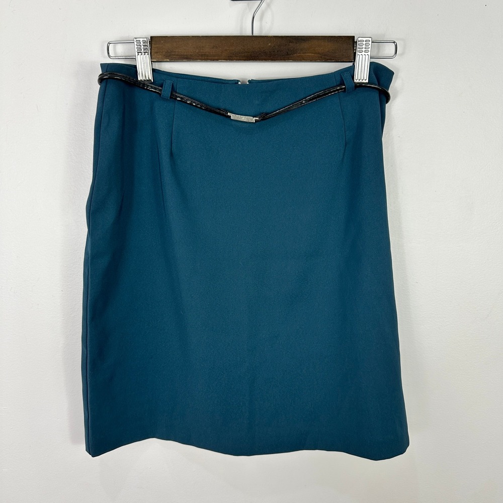 Vtg Fashion Bug Pencil Skirt 6 Teal Belted Retro‎ Mod Minimalist Office Career